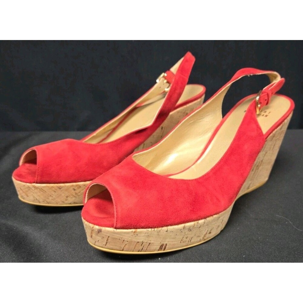 Stuart Weitzman Womens Jean Sandal Size 10 M Red Suede Slingback Wedge Platform